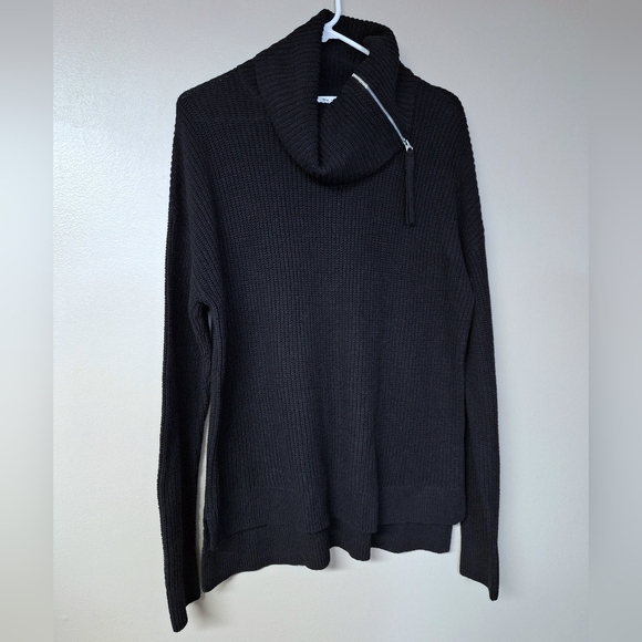 Max Studio Womens Pull Over Ribbed Knit Sweater Zip Cowl Neck Ribbed Cuff Black - Picture 3 of 11